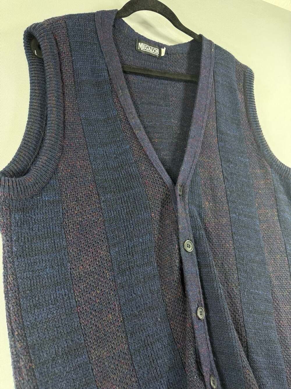 Megalos Blue Knitted Button Up V-Neck Sweater Vest Cardigan 90’s vest fresh prin